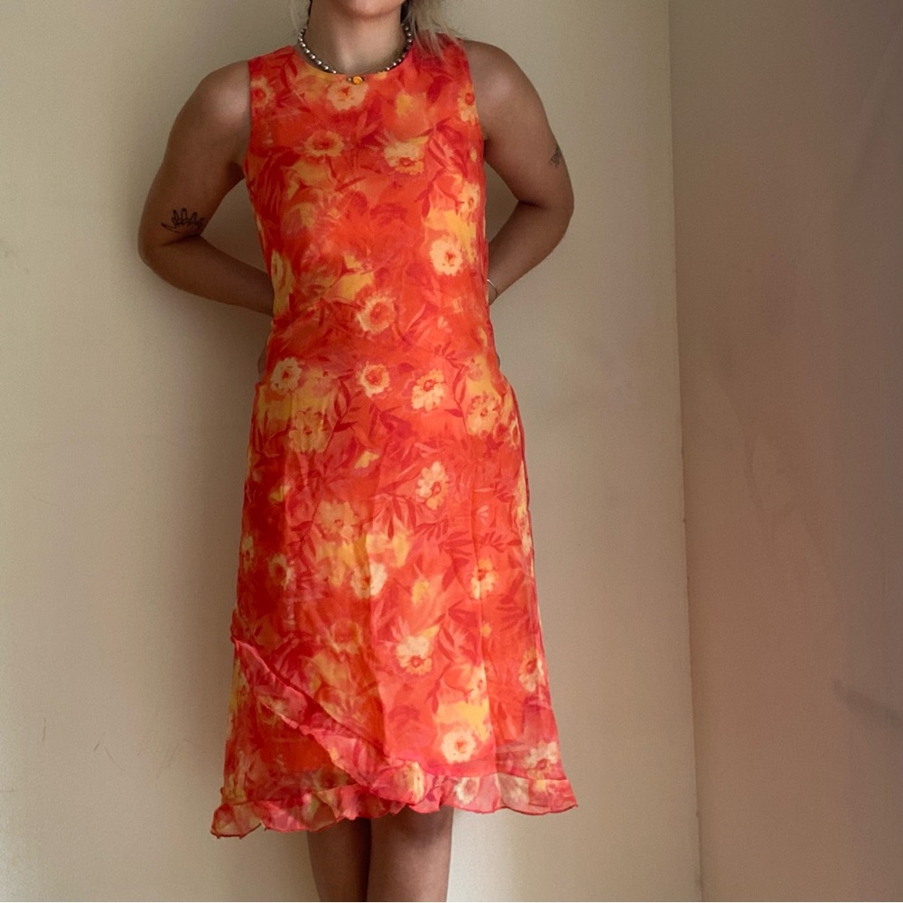 Vintage 90s orange and yellow floral mesh asymmetrical layered summer sun dress